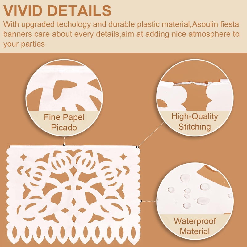Asoulin 5 Pack White Papel Picado Banner  Plastic Mexican Party Banner Wedding Fiesta Party Decoration  Dia De Los Muertos  Day of The Dead Decor Supplies  Cinco De Mayo Mexico Decor - 4 Patterns/90Ft - Image 3